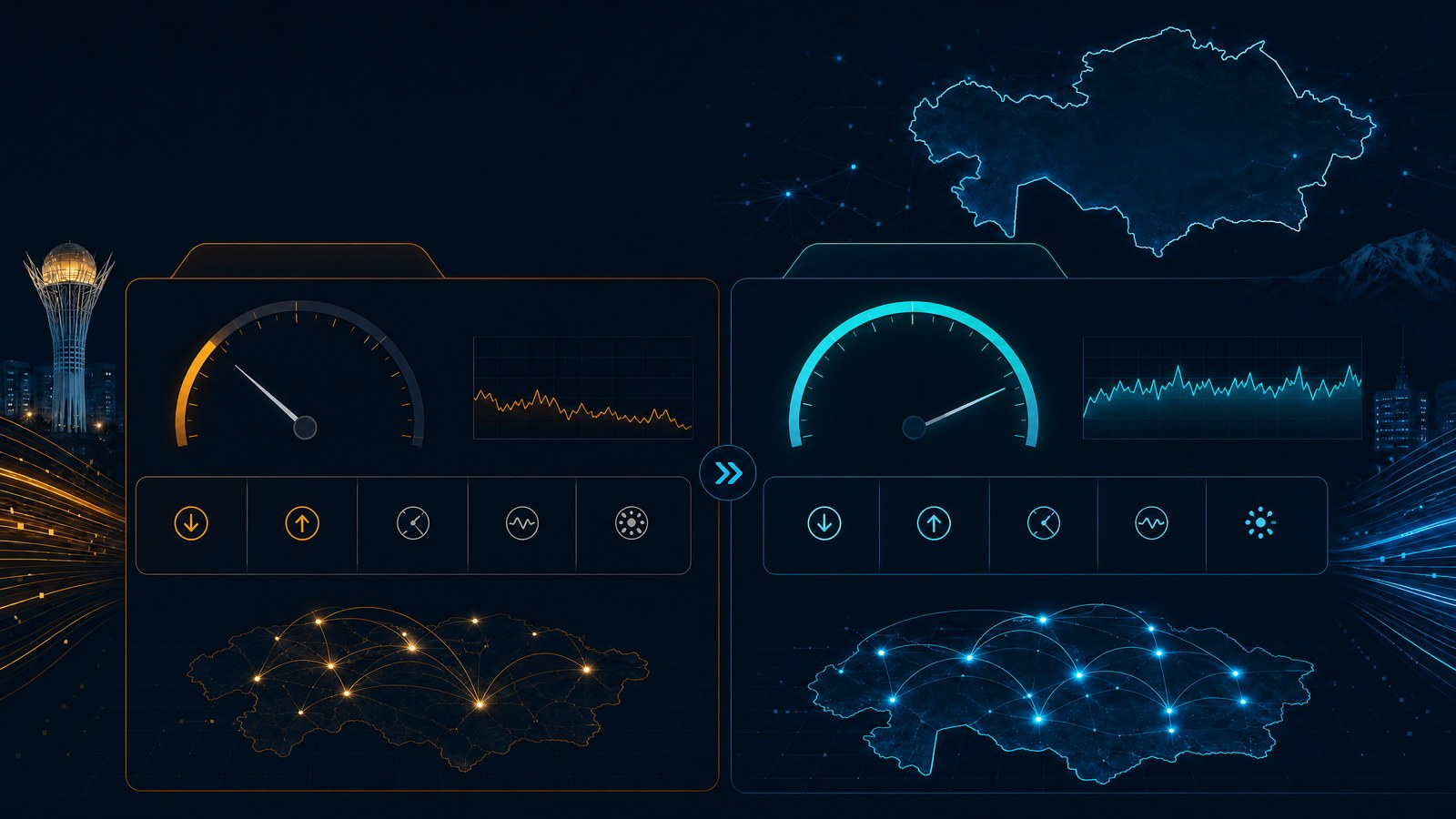 Сравнение скорости, ping, jitter и packet loss до и после подключения VPN в Казахстане