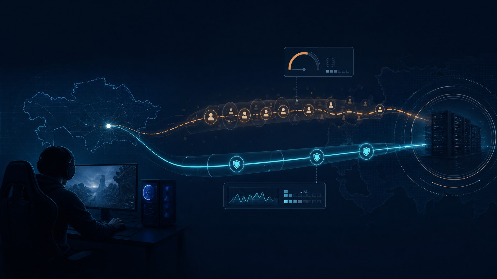 Схема ограничений и задержки бесплатного VPN для игр в Казахстане