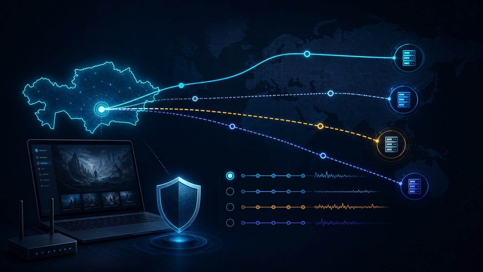 Схема выбора страны и сервера VPN для игры из Казахстана